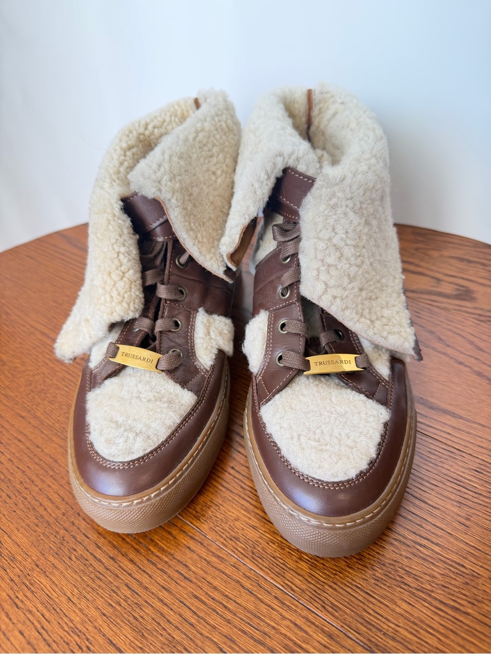 Trussardi Brown Leather & Cream Shearling Fold-Over High-Top Sneakers